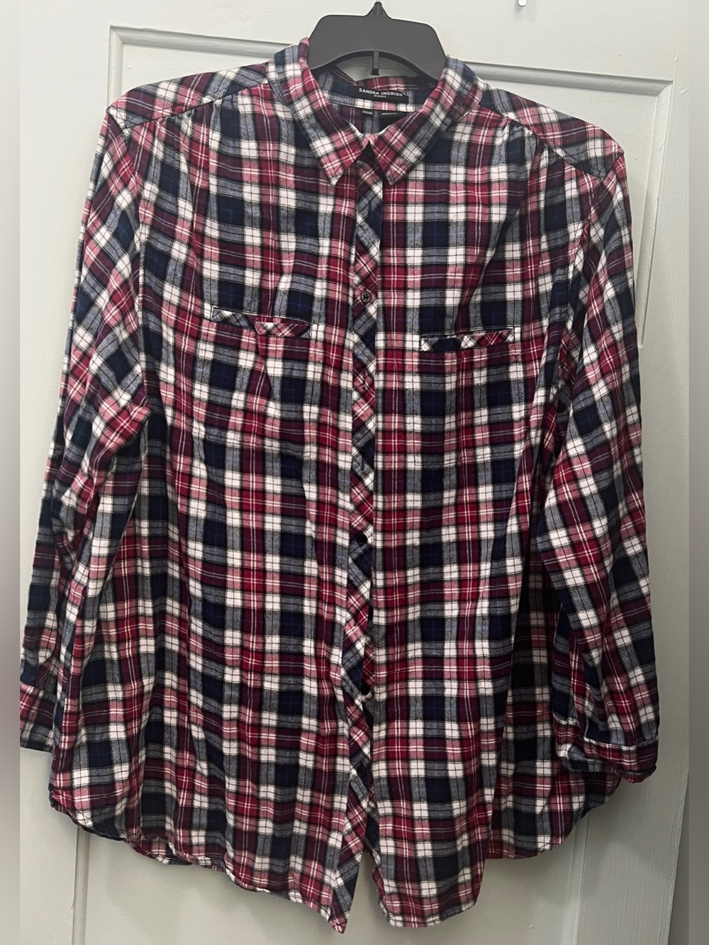 Sandra Ingrish Red and Navy Plaid Button-Down Shirt EUC